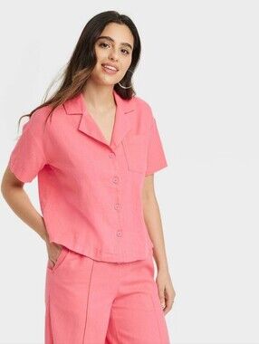 Women's Linen Short Sleeve Button-Down Camp Shirt - A New Day Pink M